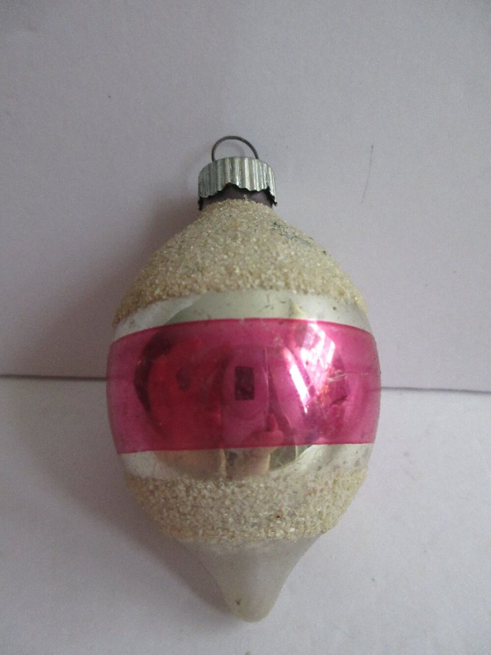 Shiny Brite Striped Glass Teardrop W/ Mica Pink White Christmas Ornament Vtg